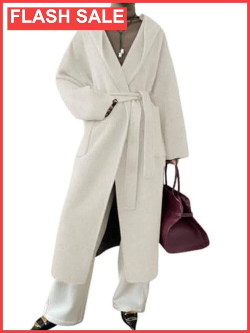 Wool Blend Open Front Belted Hooded Midi Winter Pea Coat Loose Fit